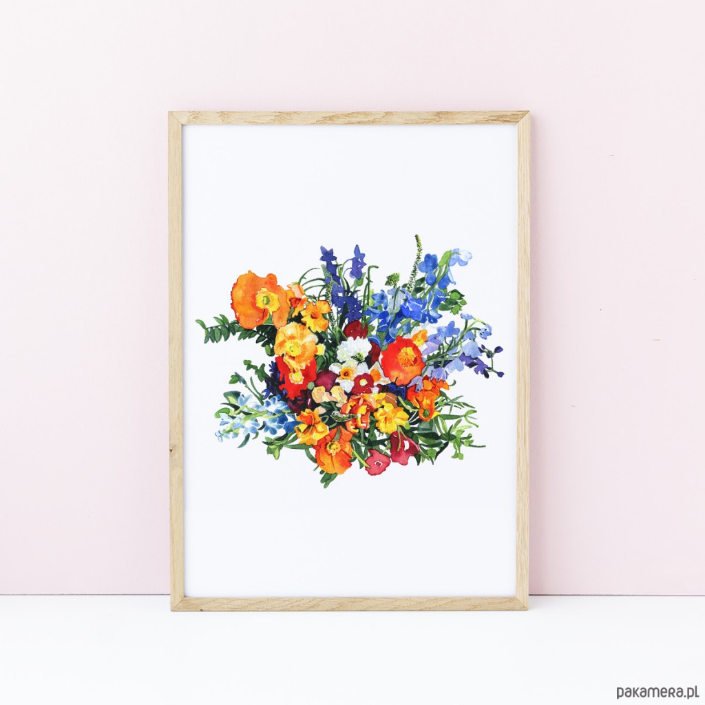 Bukiet letnich, kolorowych kwiatów - głównie niebieskich, żółtych i czerwonawych